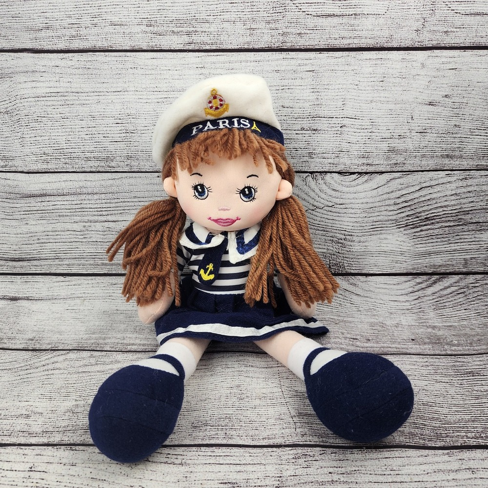 Paris Sailor Girl Plush Rag Doll Nautical Navy Blue Striped Souvenir 12 Inch